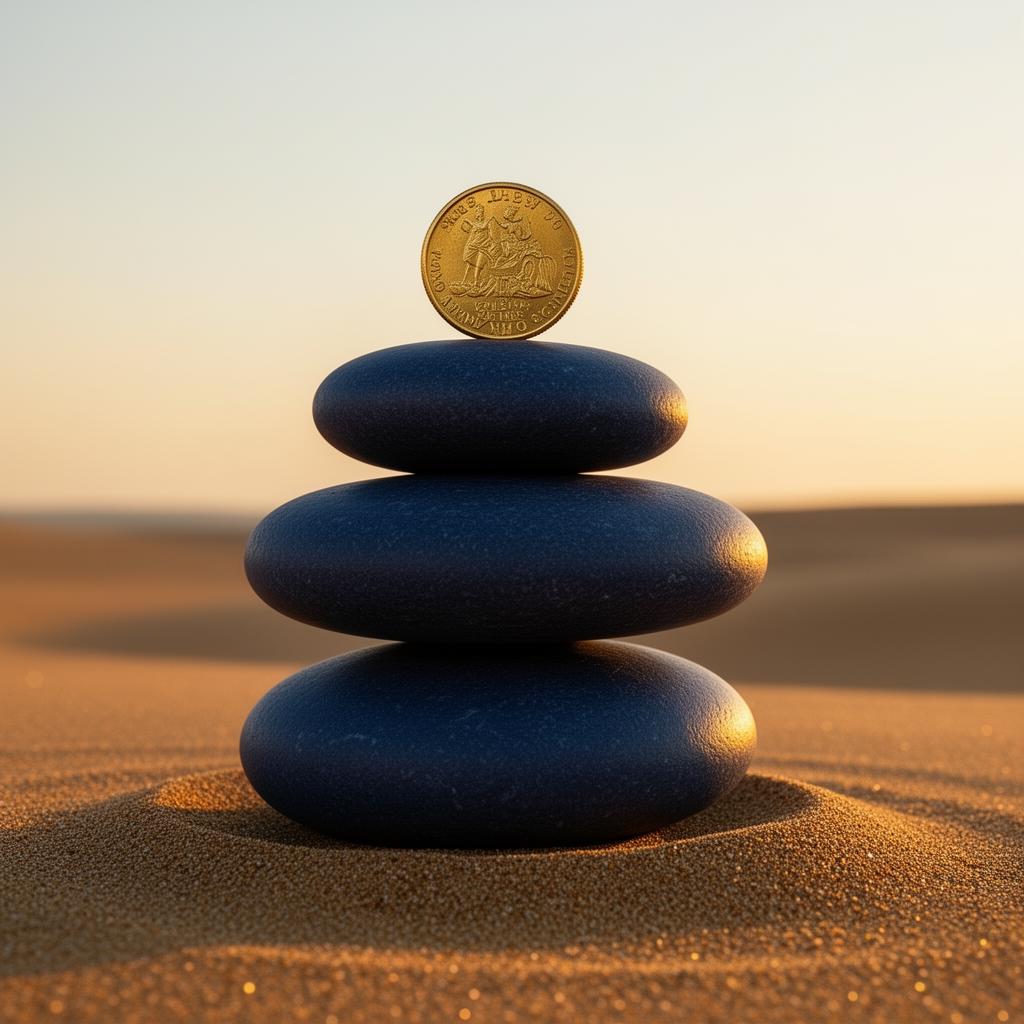 Stacked navy stones with a single gold coin on top, symbolizing balance and grounded wealth