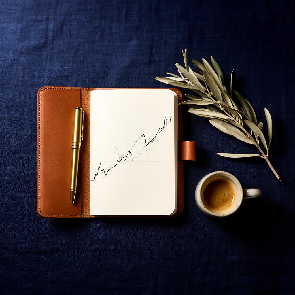 Open notebook with a hand-drawn growth chart, brass pen and espresso on navy linen